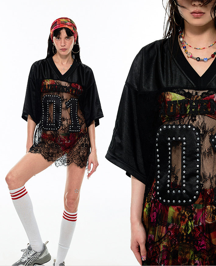 Lace Hollow-Out Oversized Jersey Shirt - CHINASQUAD