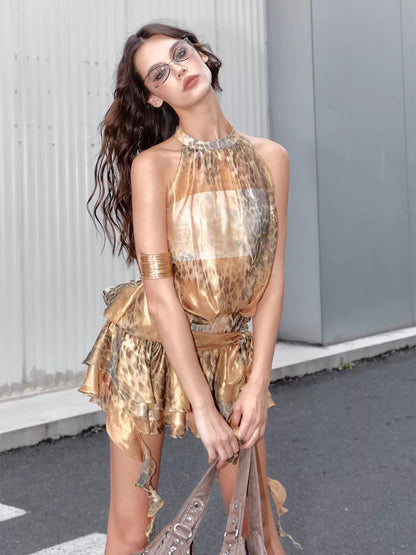 Leopard Print Halter Backless Mini Dress