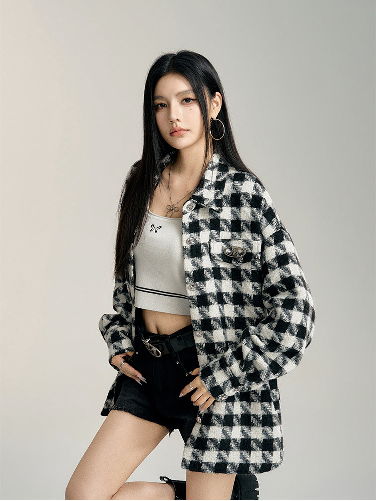 Black Plaid Oversized Shirt Jacket