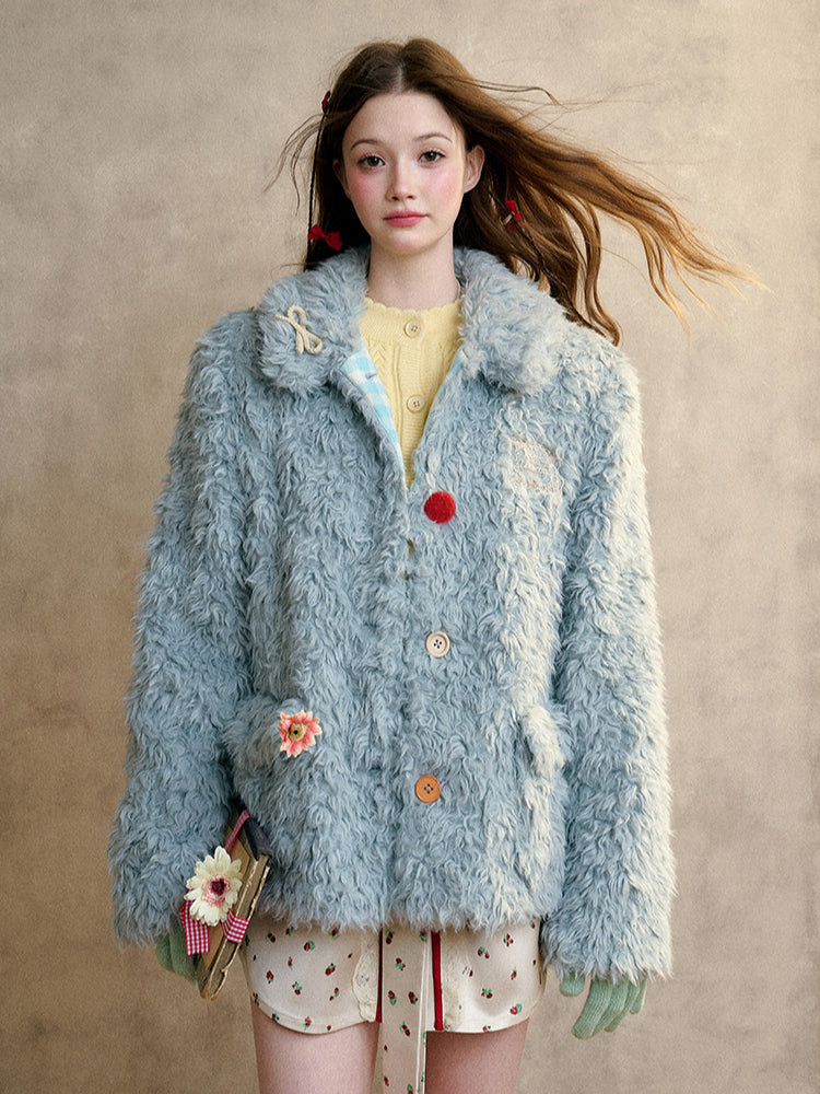 Cream Strawberry Gray-Blue Fur Jacket