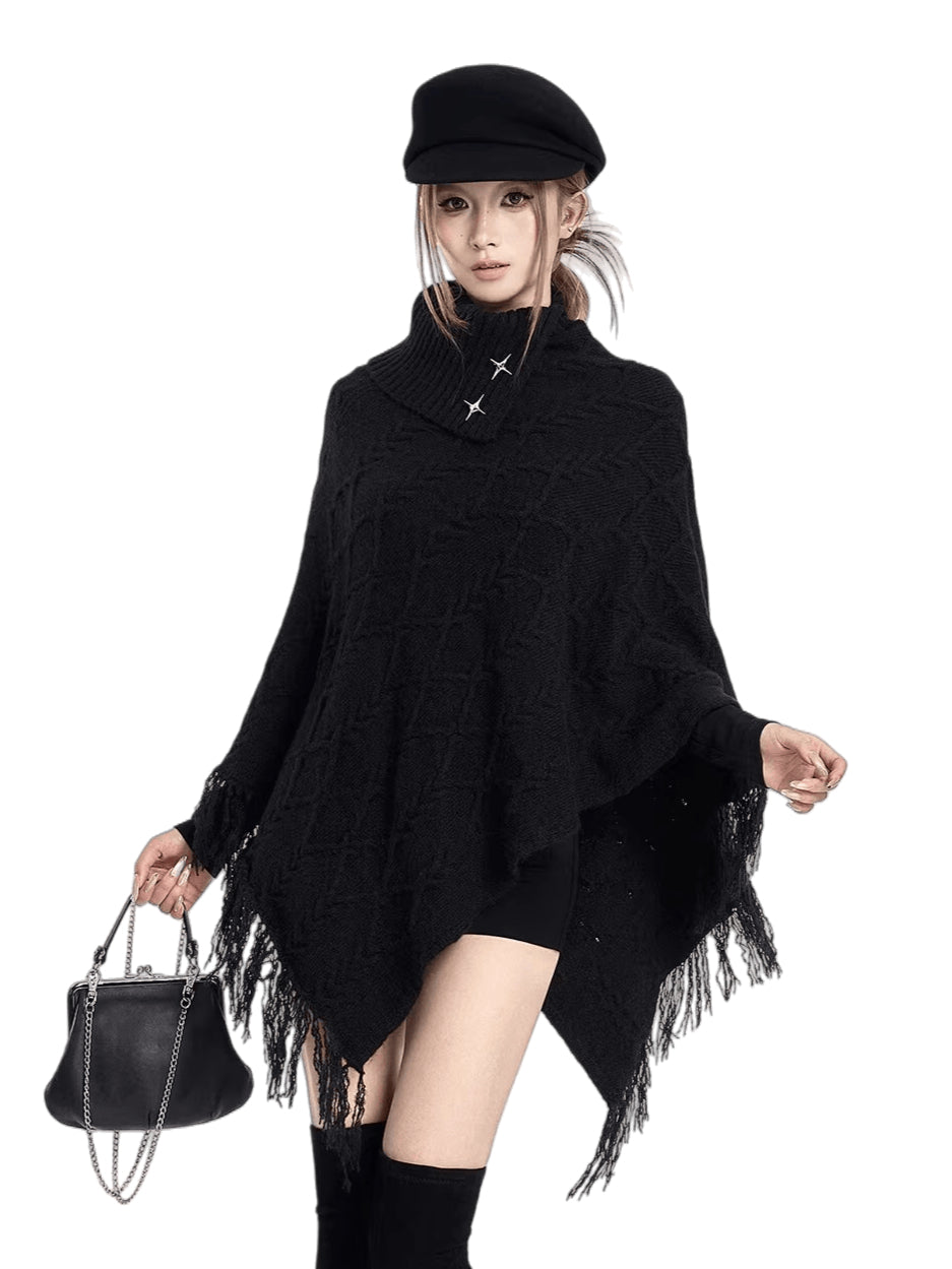 Asymmetric Knit Cape Turtleneck Sweater