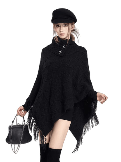 Asymmetric Knit Cape Turtleneck Sweater