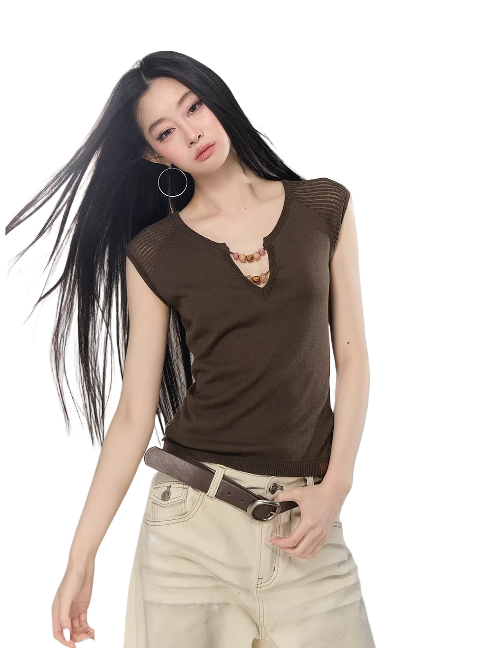 Beaded V-Neck Slim Knit T-Shirt