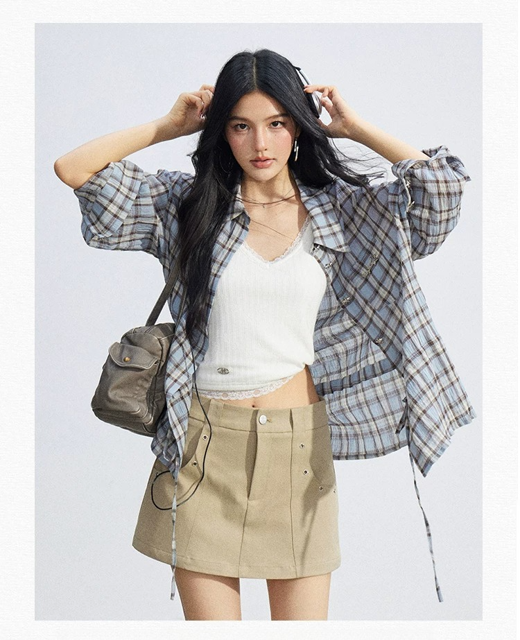 Vintage Plaid Drawstring Shirt