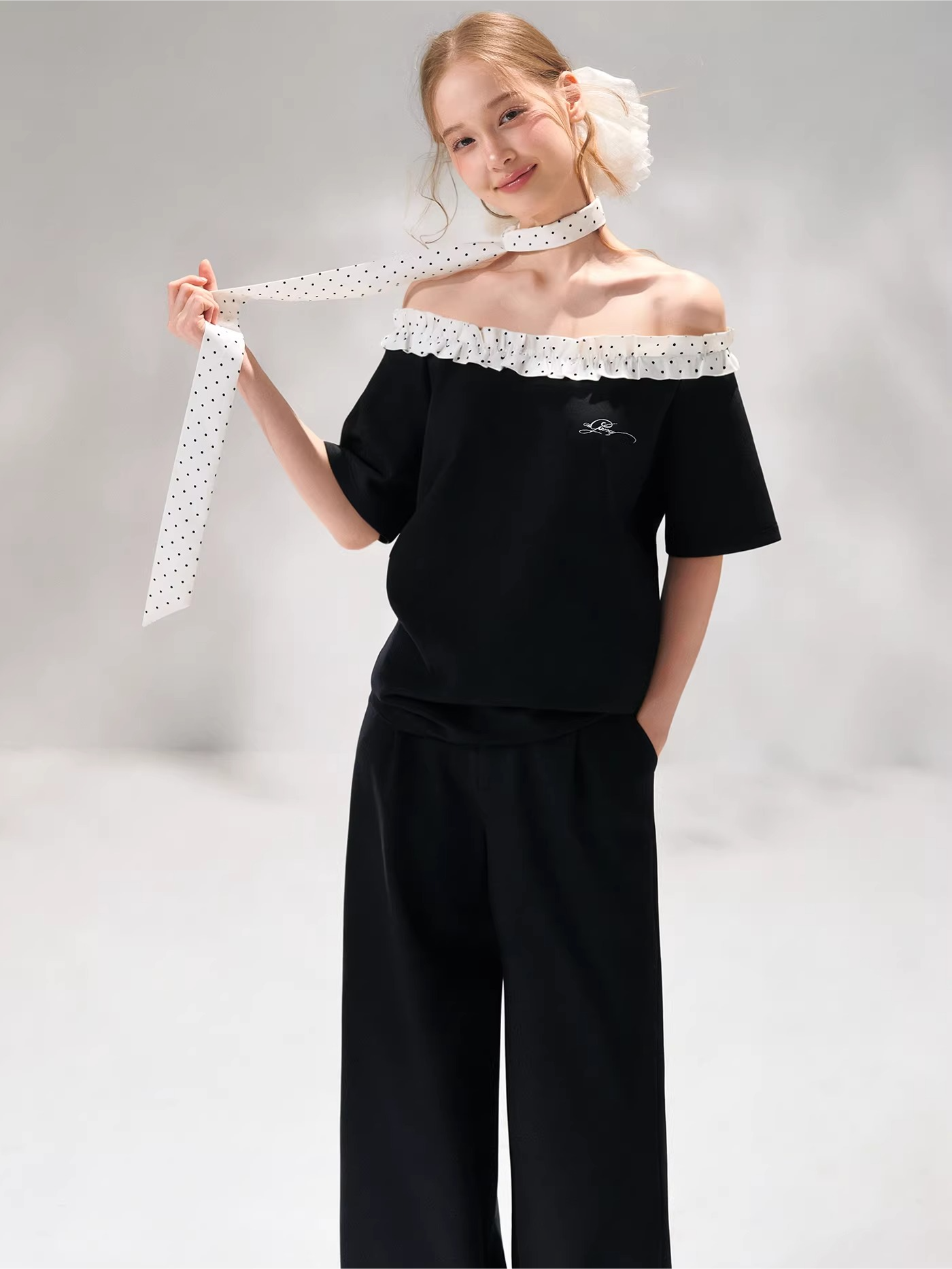 Polka Dot Ruffle Trim Off-Shoulder T-Shirt &amp; Tie-Waist Lounge Pants Set