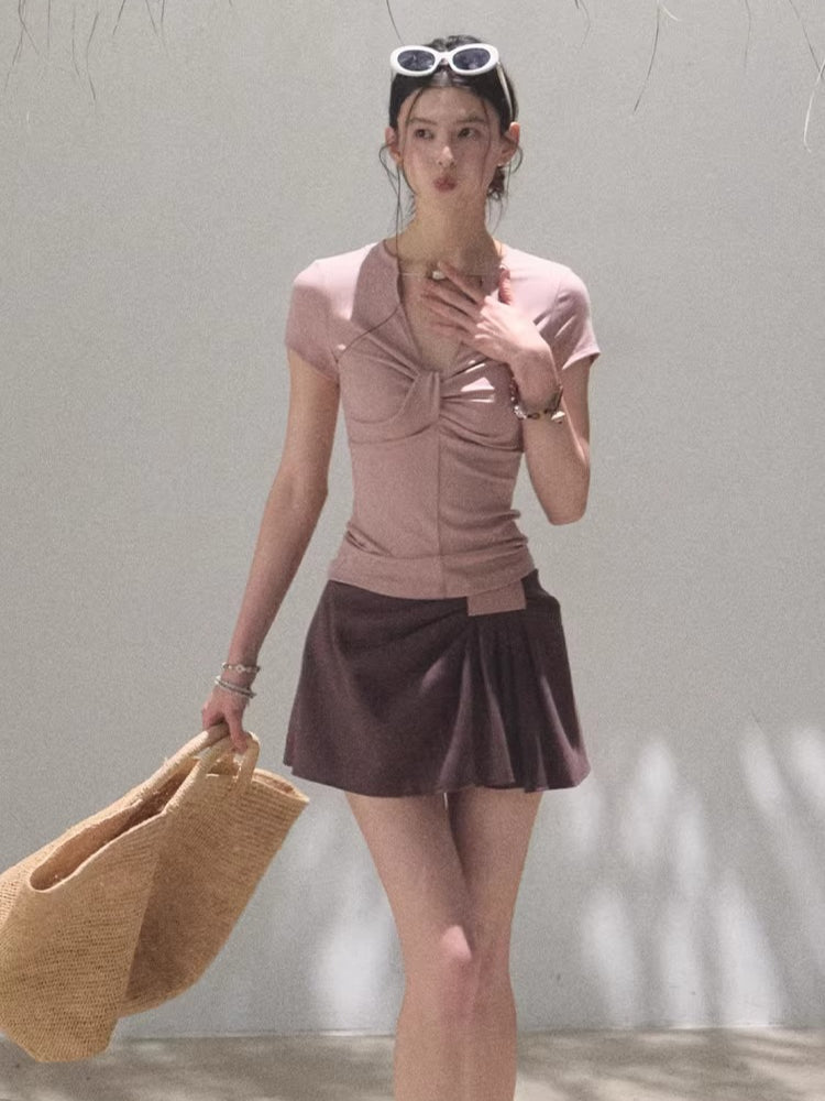 Leather Patch Lyocell–Linen A-Line Skirt