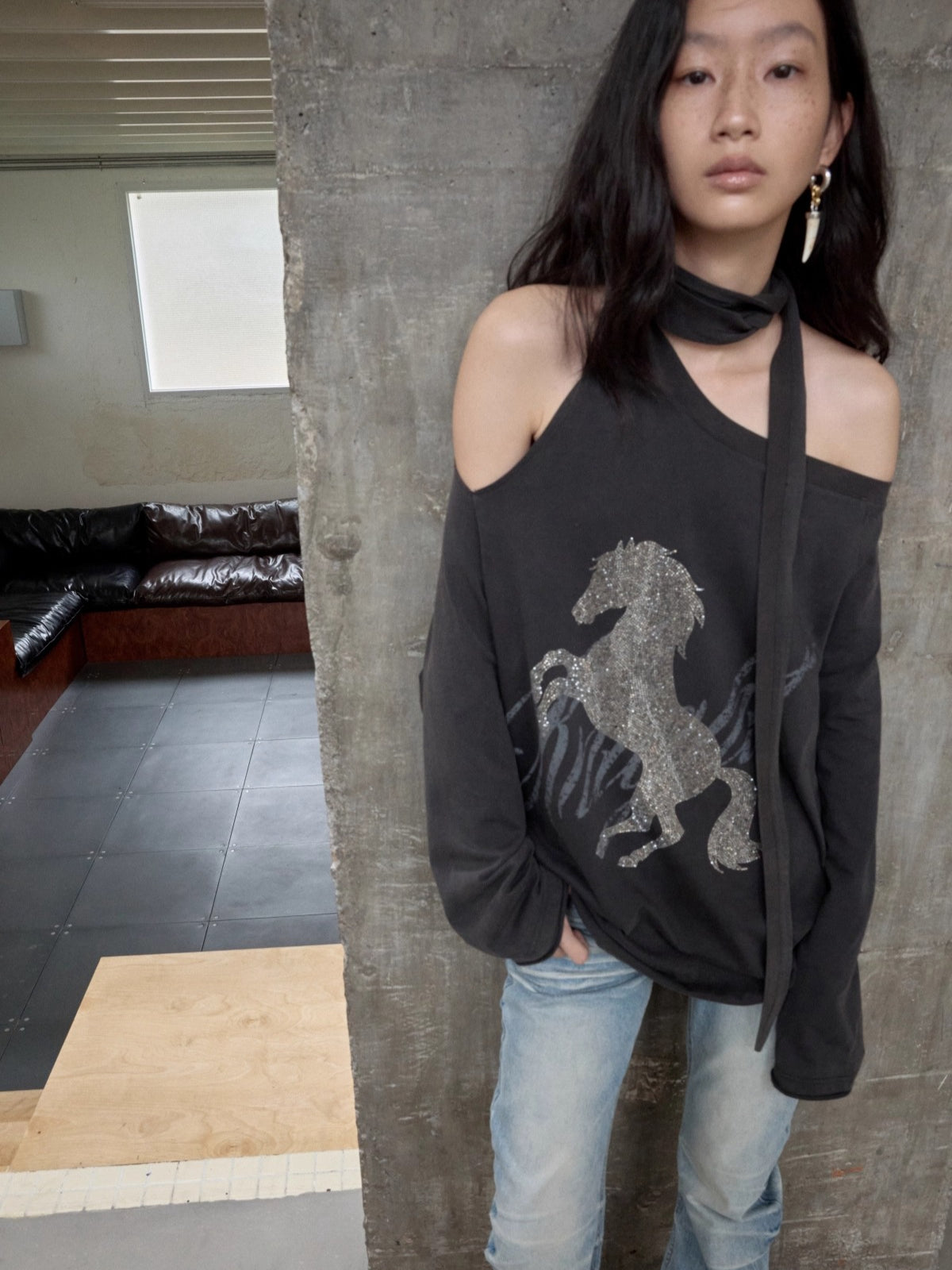 Rhinestone Shoulder-Tie Oversized Sweatshirt