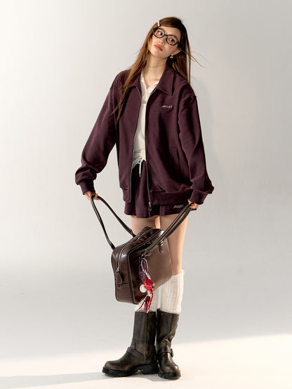 Sports Embroidered Polo Collar Jacket &amp; Shorts Set