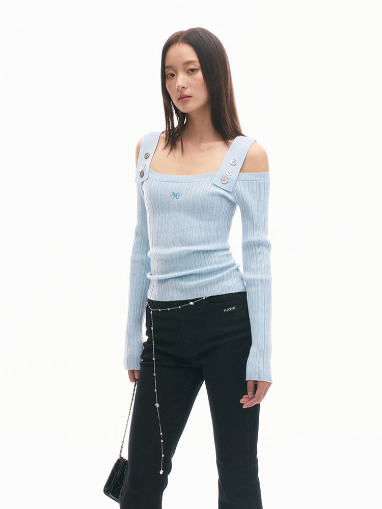 Casual Off-Shoulder Slim-Fit Wool Long-Sleeve Top