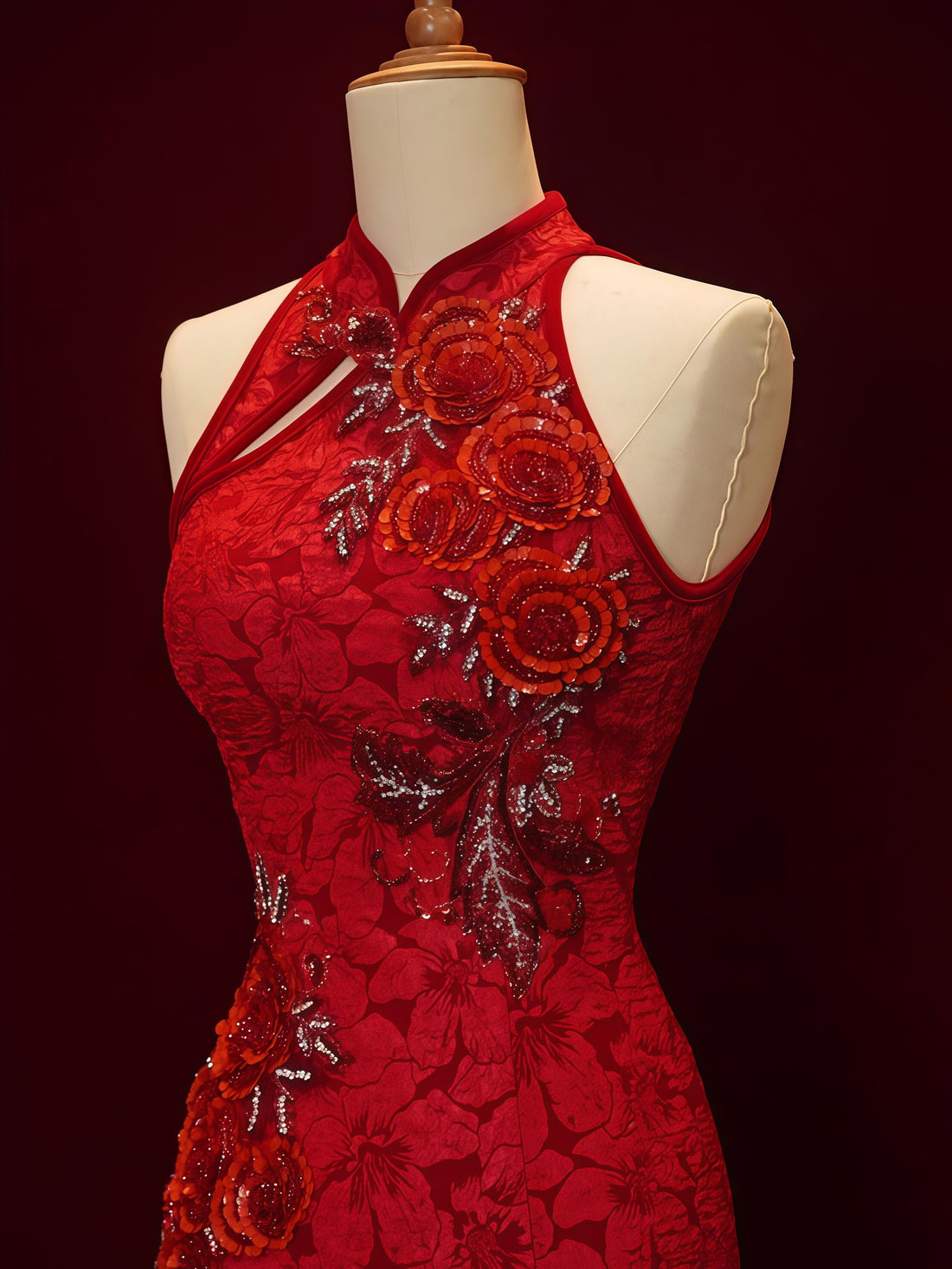 Crimson Floral Embroidered Halter Cheongsam Dress