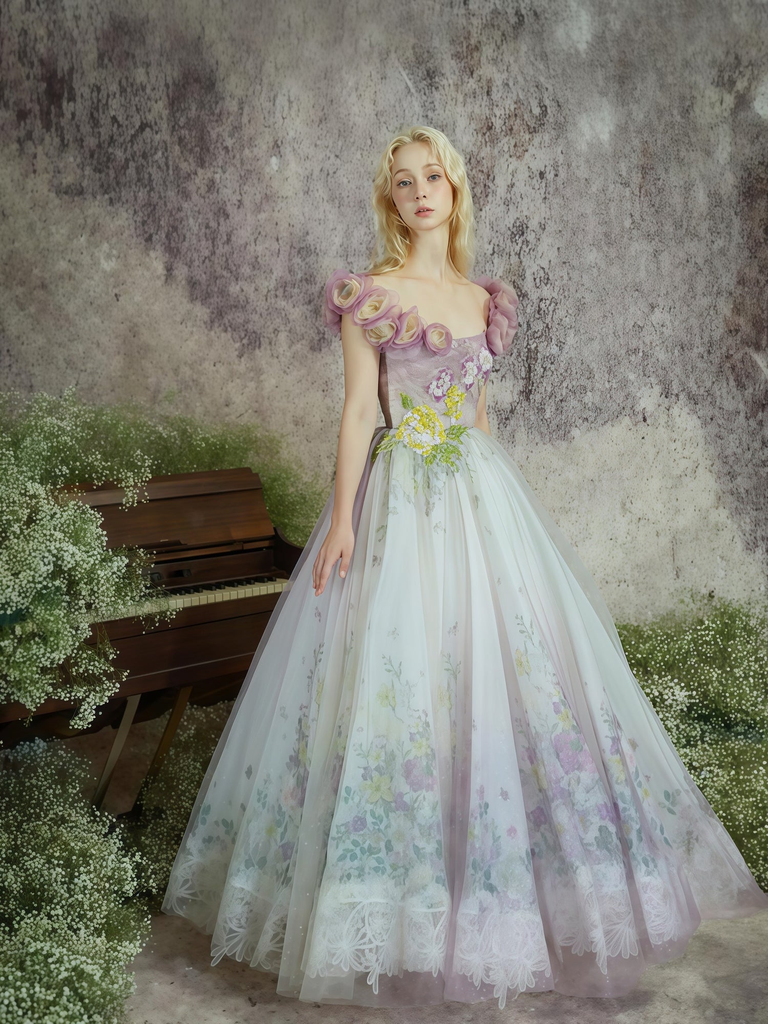 Flora Mist Embroidered Off-Shoulder Ball Gown