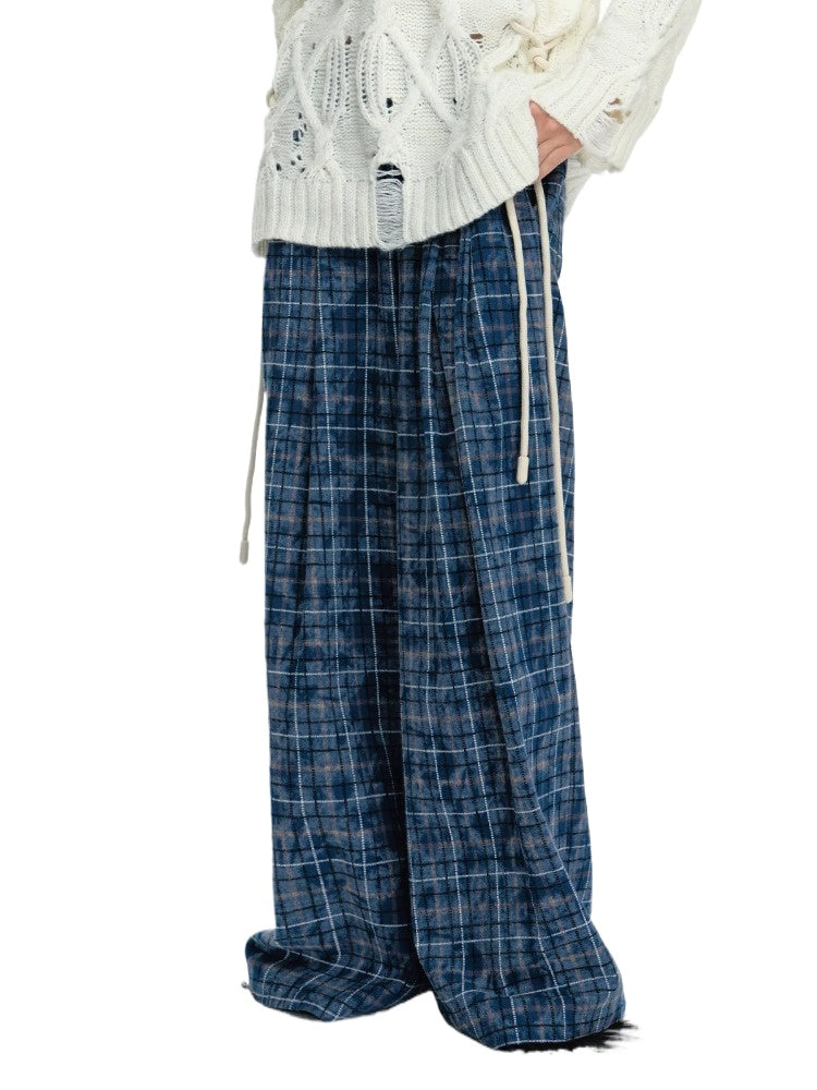 Loose Wide-Leg Dyed Plaid Pants