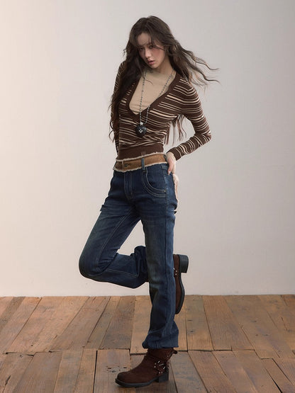 Contrast Panel Faux Fur Waist  Flare Jeans