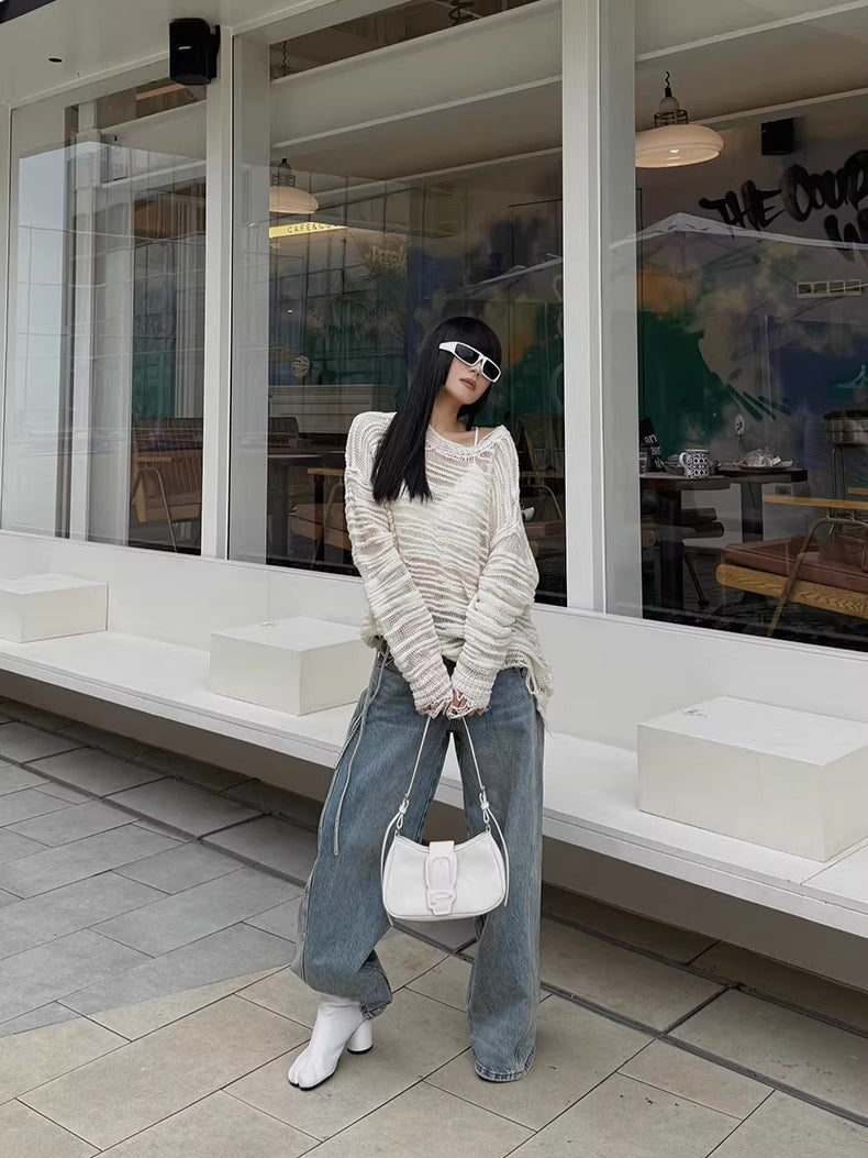 Asymmetric Tie-Detail Loop-Tab Denim Jeans