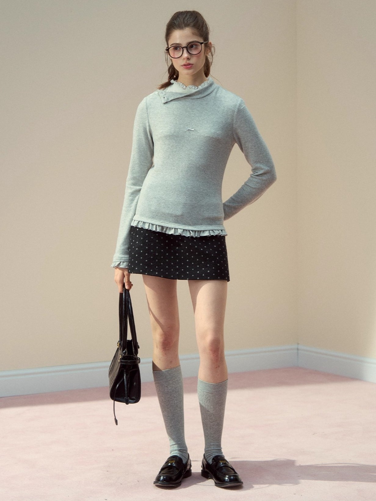 Layered Lace-Texture Mock Neck Knit T-Shirt