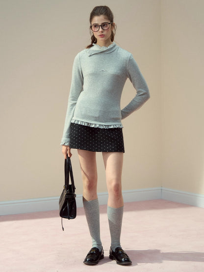 Layered Lace-Texture Mock Neck Knit T-Shirt