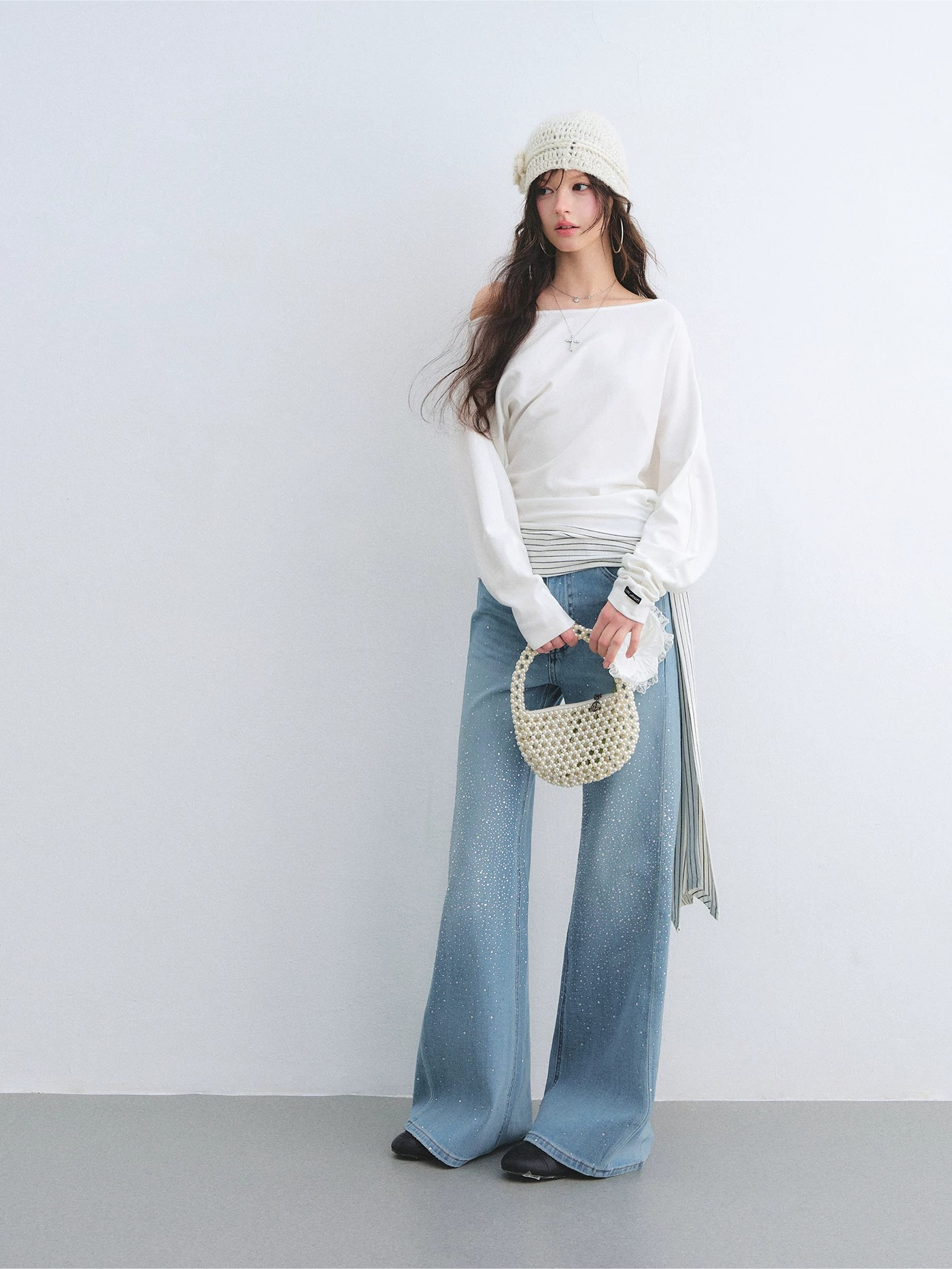 Asymmetric Batwing Sleeve Striped Tie-Hem Long Sleeve Top