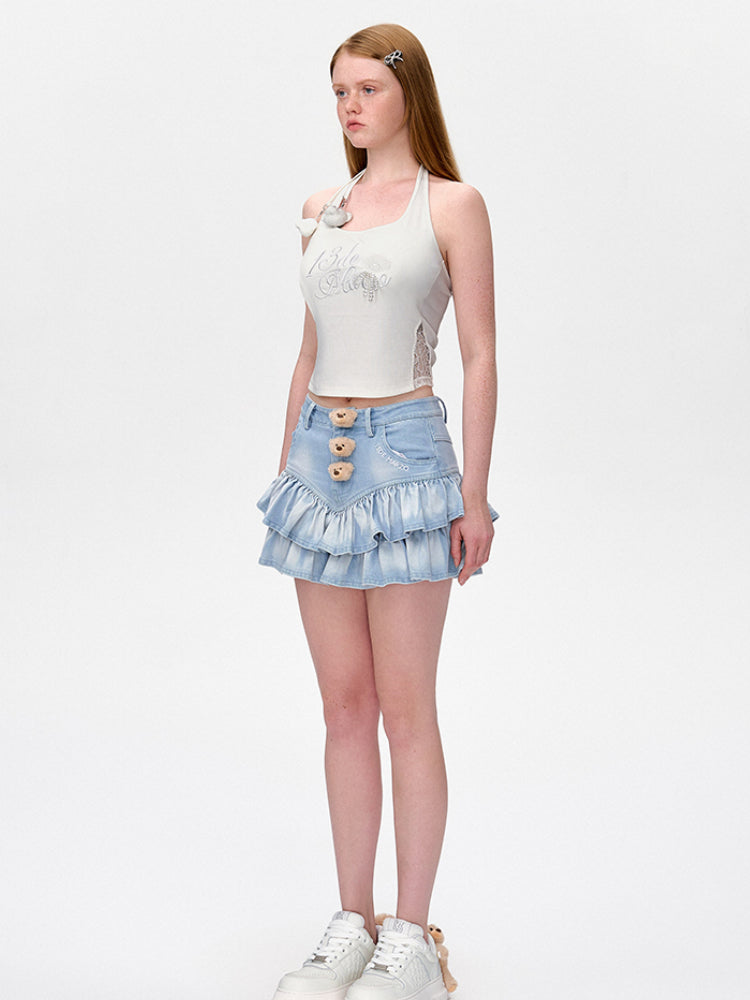 Denim Tiered Skirt Shorts