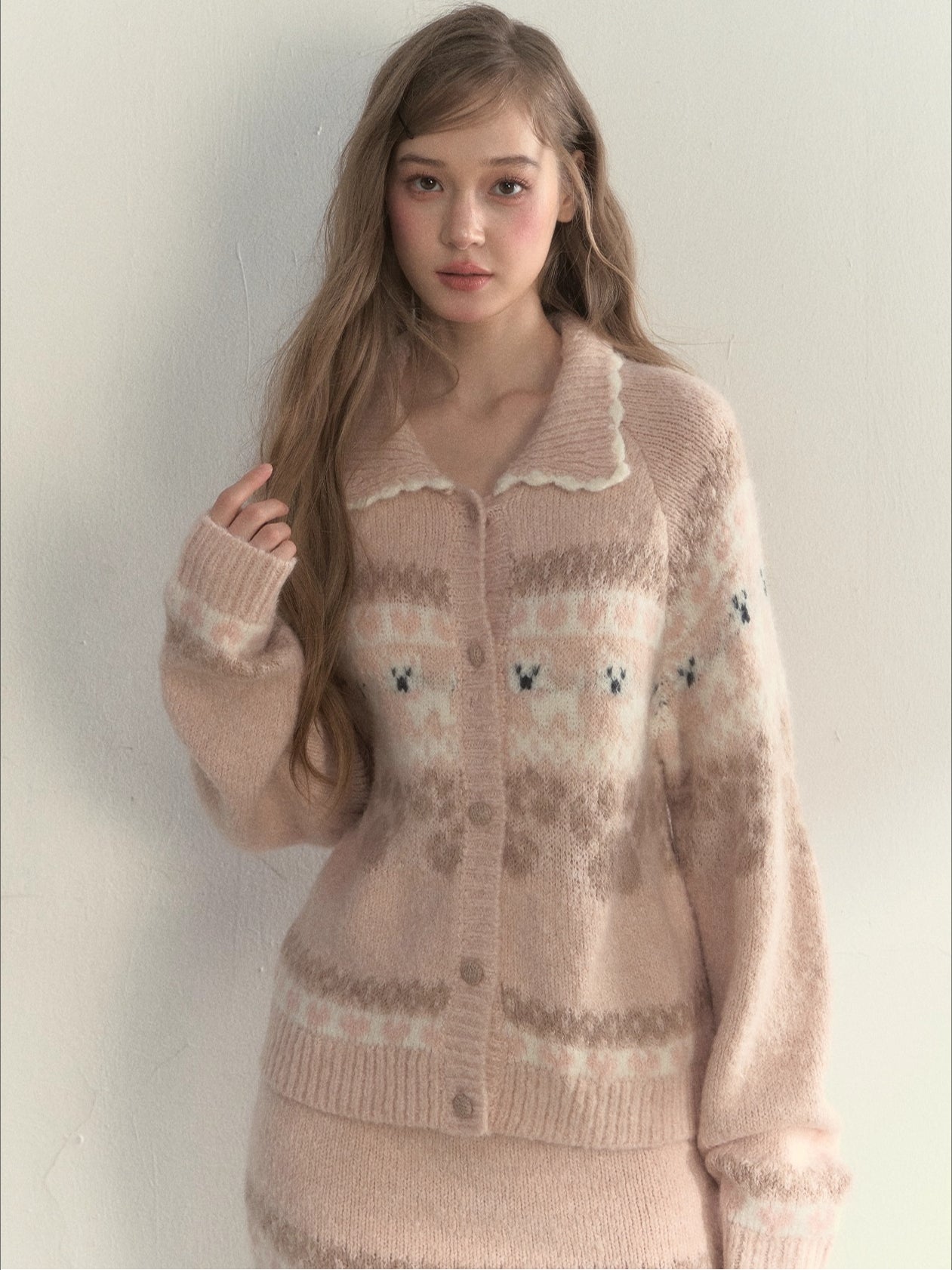 “Puppy Fair Isle” Vintage Knit Cardigan &amp; Skirt Set