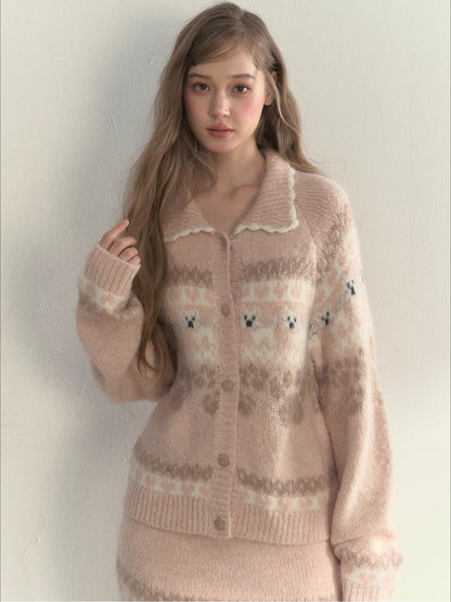 “Puppy Fair Isle” Vintage Knit Cardigan &amp; Skirt Set