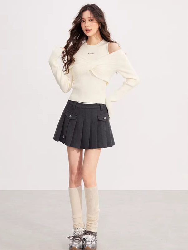 Bow Cable-Knit Vest Long-Sleeve Two-Piece Set