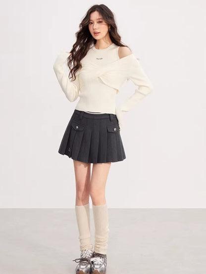 Bow Cable-Knit Vest Long-Sleeve Two-Piece Set