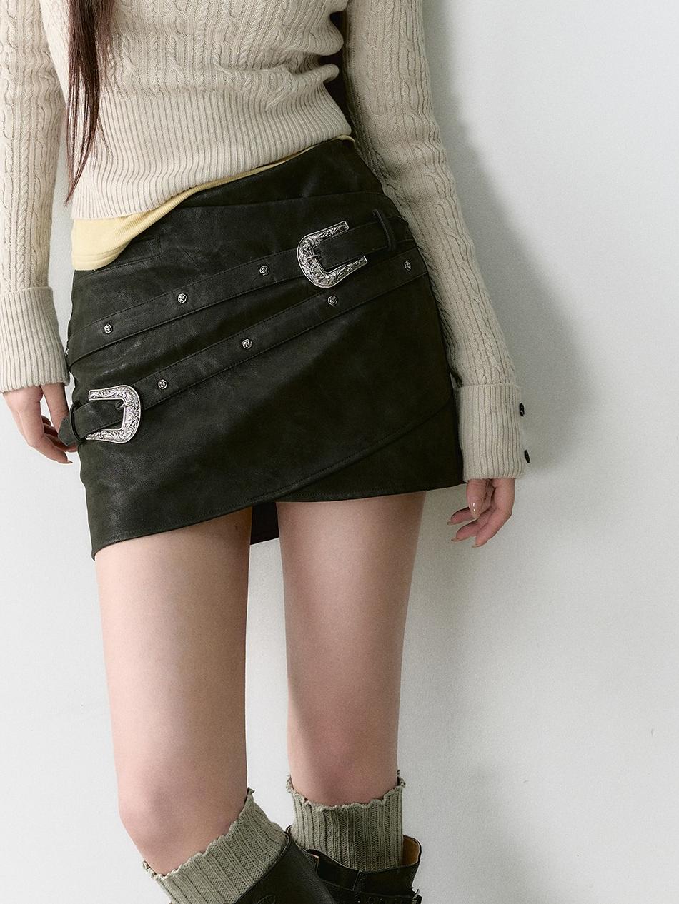 Black Belted Leather Mini Skirt