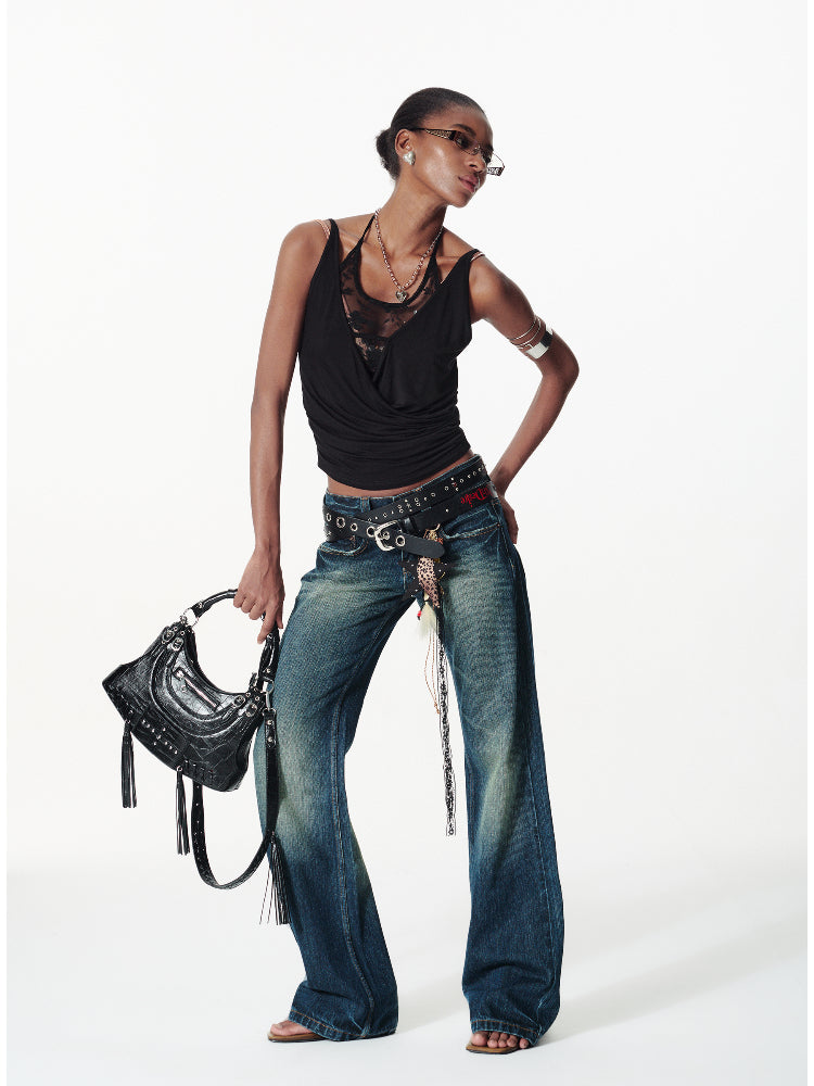 Lace-pieced V-Neck Halter T-shirt