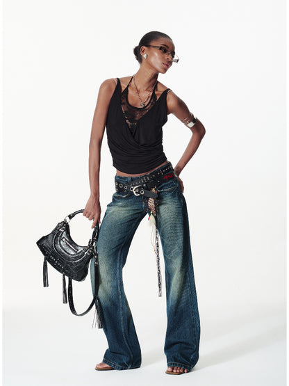 Lace-pieced V-Neck Halter T-shirt