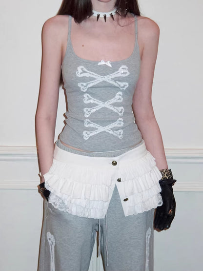 Button Chiffon Lace Layered Mini Skirt