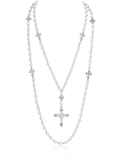 Layered Punk Heart Pearl Cross Long Necklace