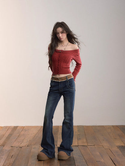 Contrast Panel Faux Fur Waist  Flare Jeans