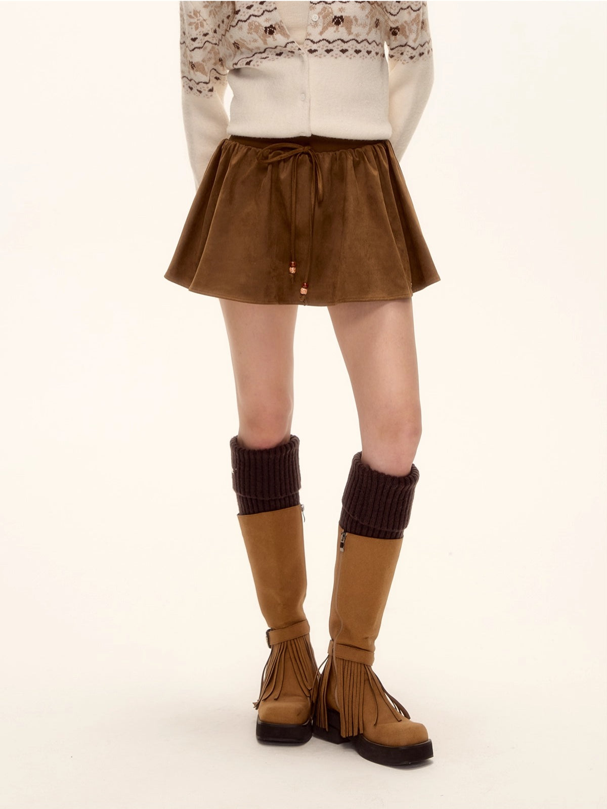 Beaded Suede Puff Mini Skirt