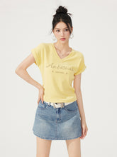 V-neck Waist-cinching Rhinestone Tee - CHINASQUAD