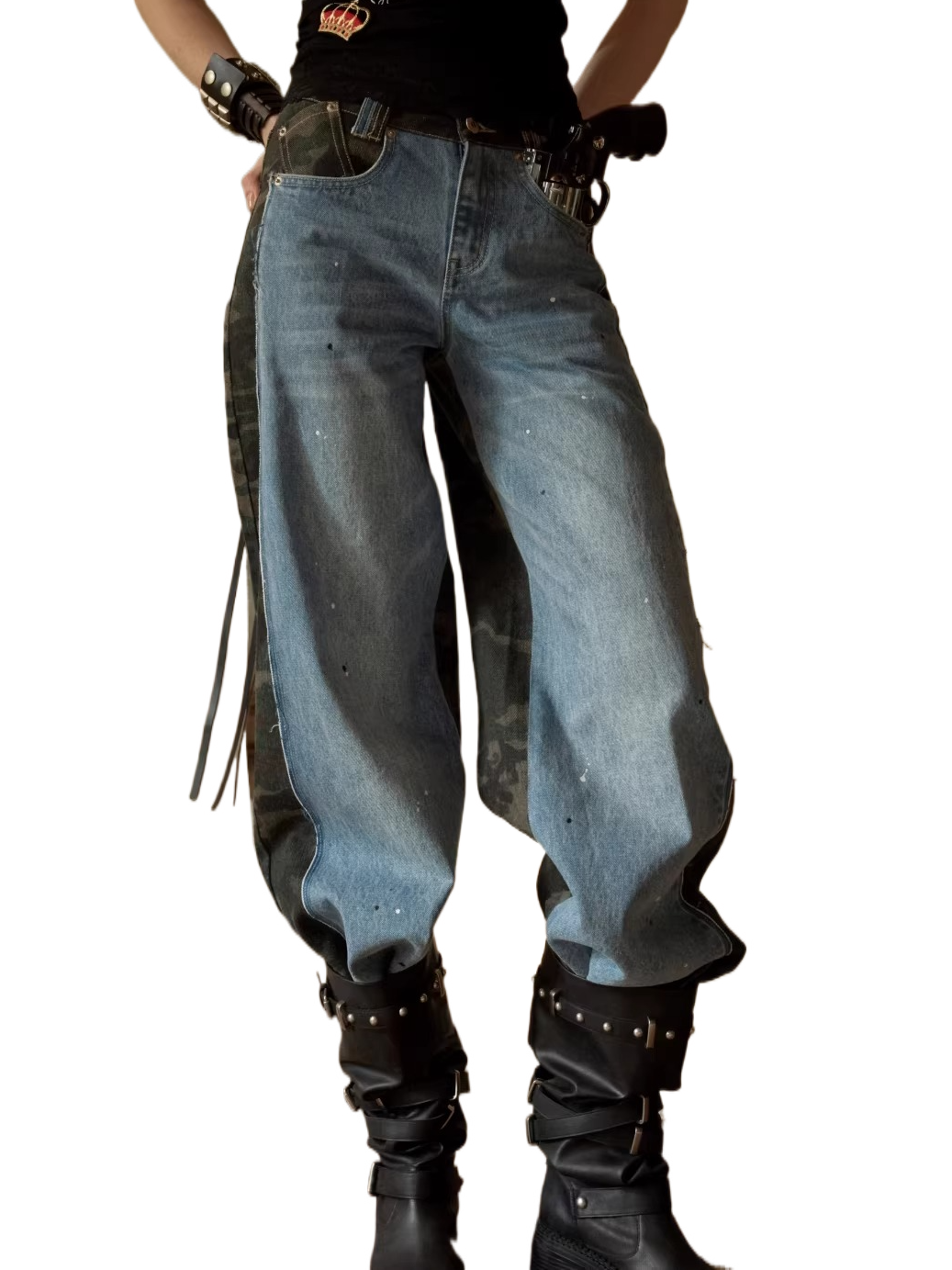 Camouflage Patchwork Denim Straight-Leg Jeans