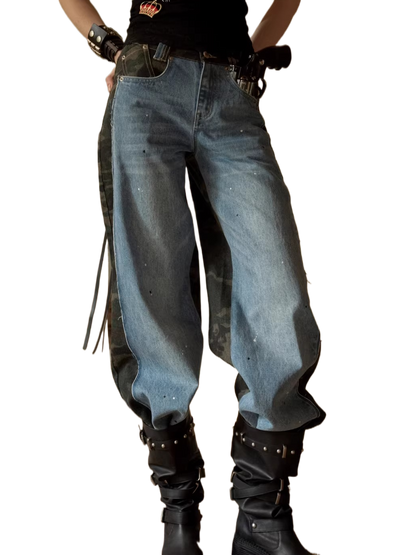 Camouflage Patchwork Denim Straight-Leg Jeans