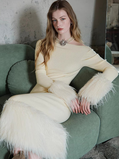 Vintage Off-Shoulder Knit Maxi Dress