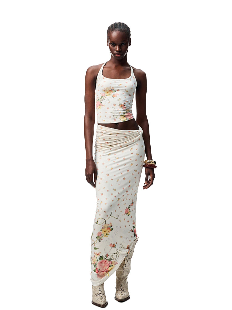 Floral All-Over Printed Big Round Neck Knotted Tank Top - CHINASQUAD