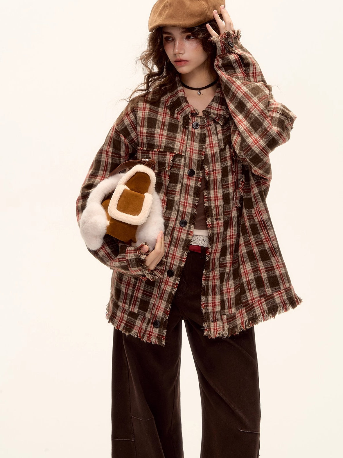 Wool Blend Checkered Contrast Fringe Shirt