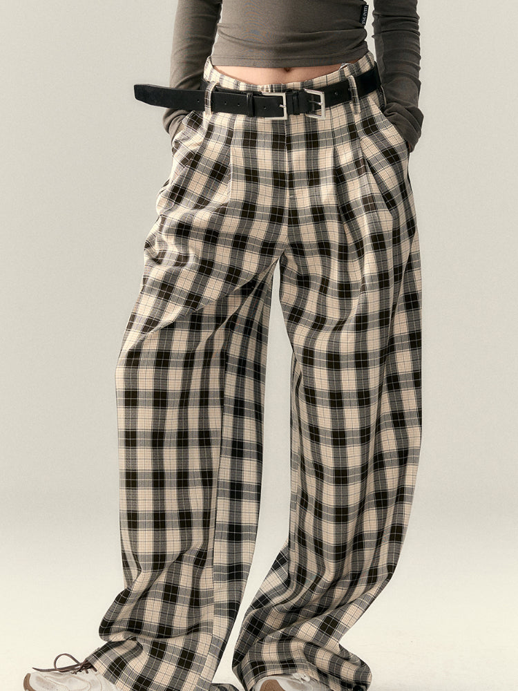 Wrinkle Straight-Leg Plaid Casual Pants