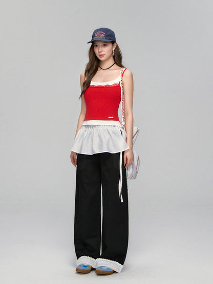 Lace-Trim Relaxed Blade-Cut Pants