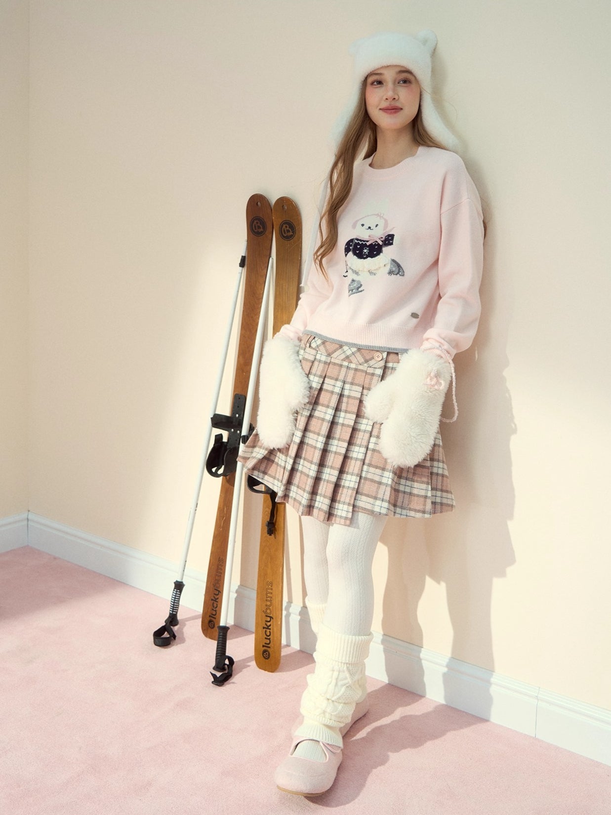 Blush Plaid Wool A-Line Pleated Skirt