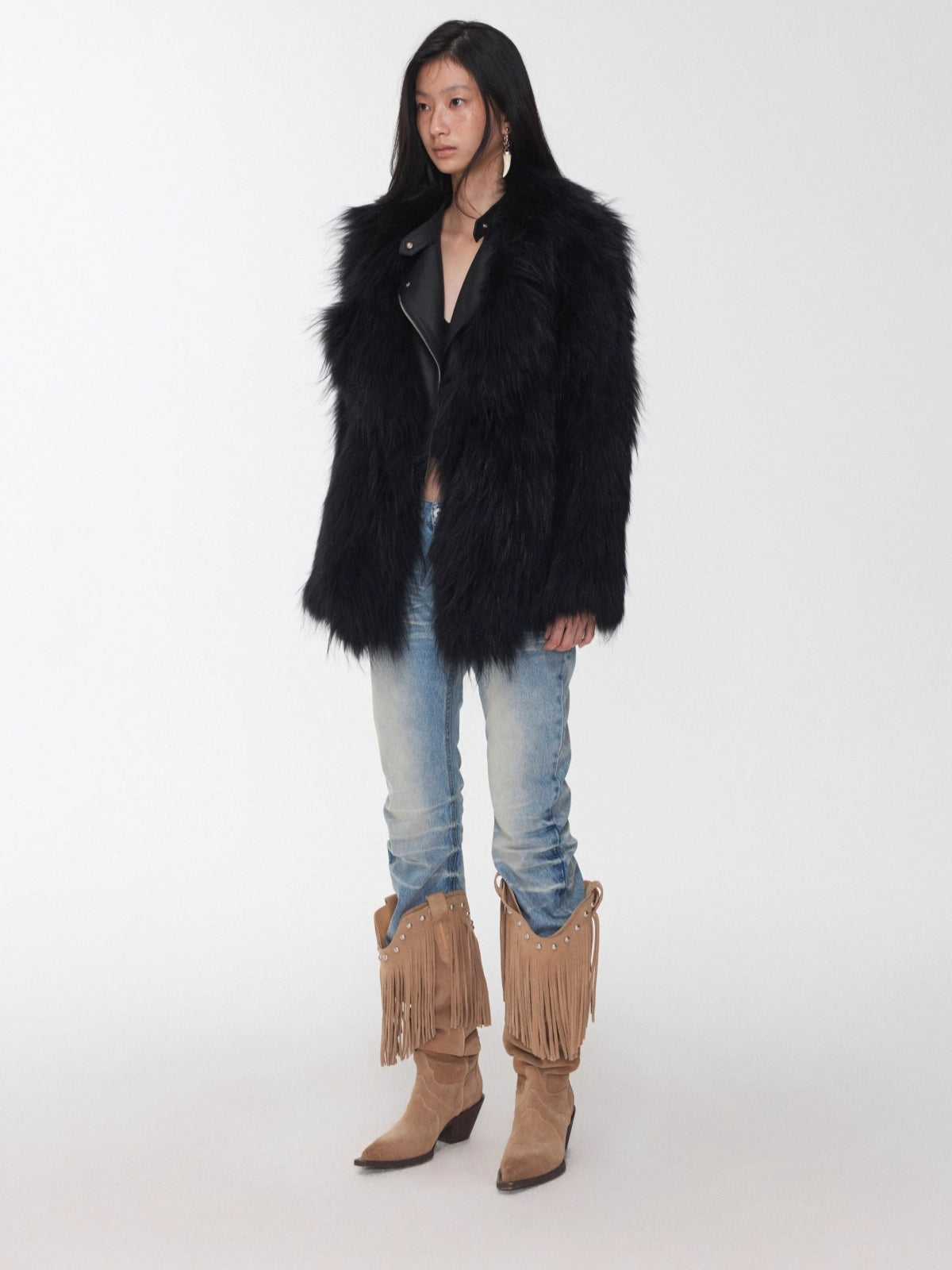 Raccoon Fur Oversized Lapel Woven Coat