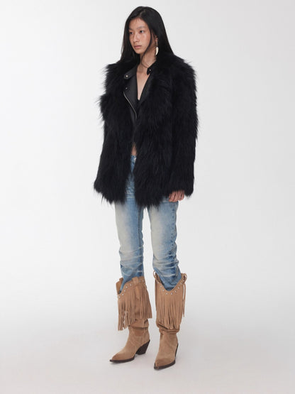 Raccoon Fur Oversized Lapel Woven Coat