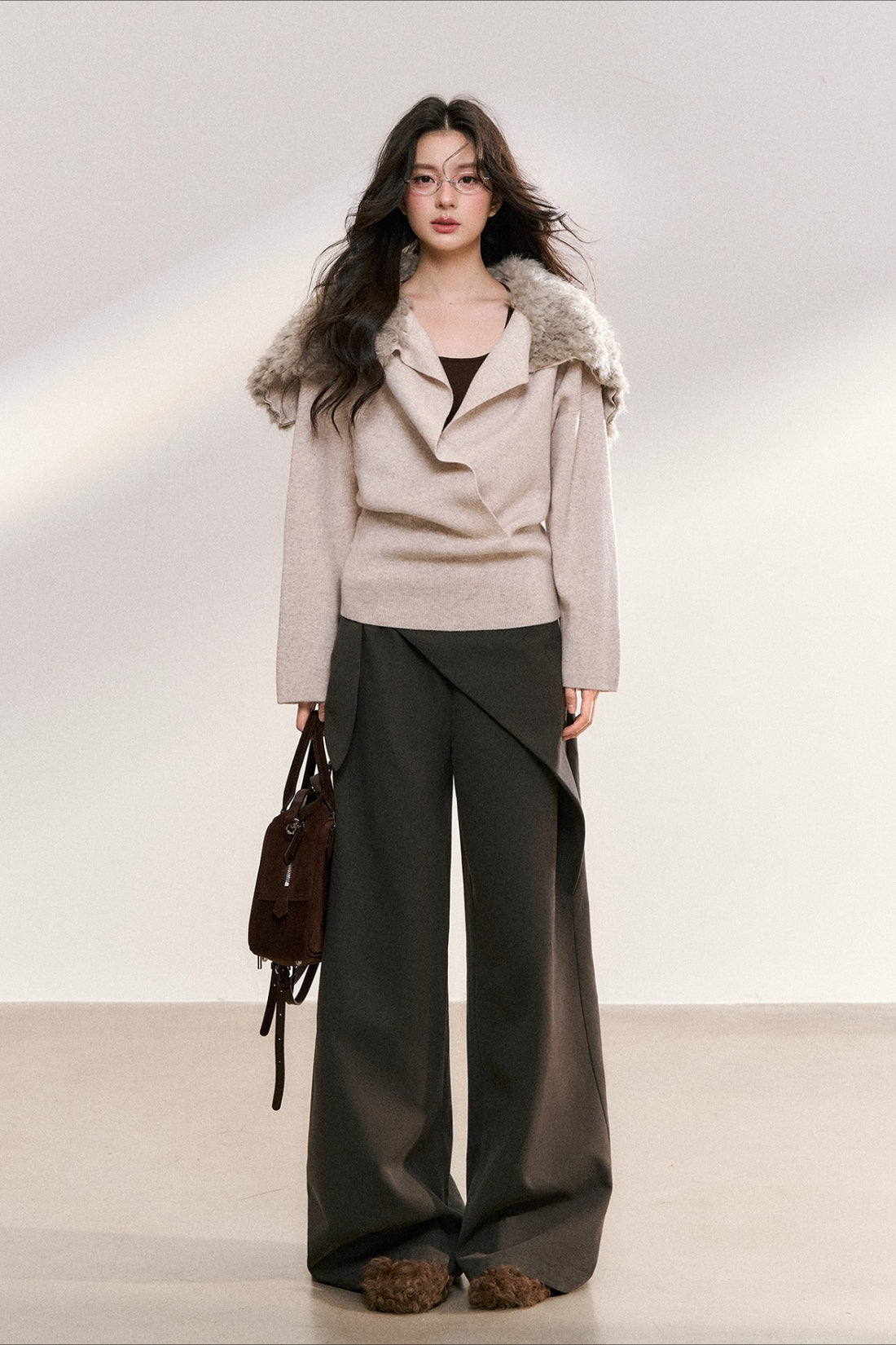 Gray Drape Wide-Leg Asymmetric Trousers