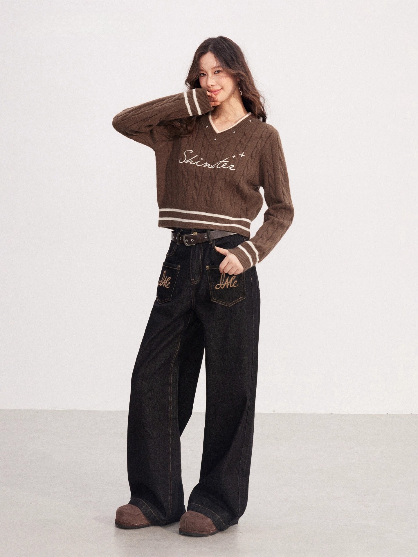Layered-Effect Embroidered Knit V-Neck Sweater