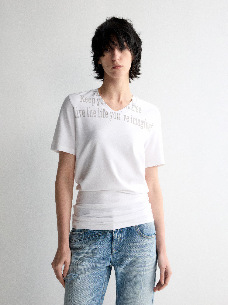 All-Over Print V-Neck Stacked Waist T-shirt