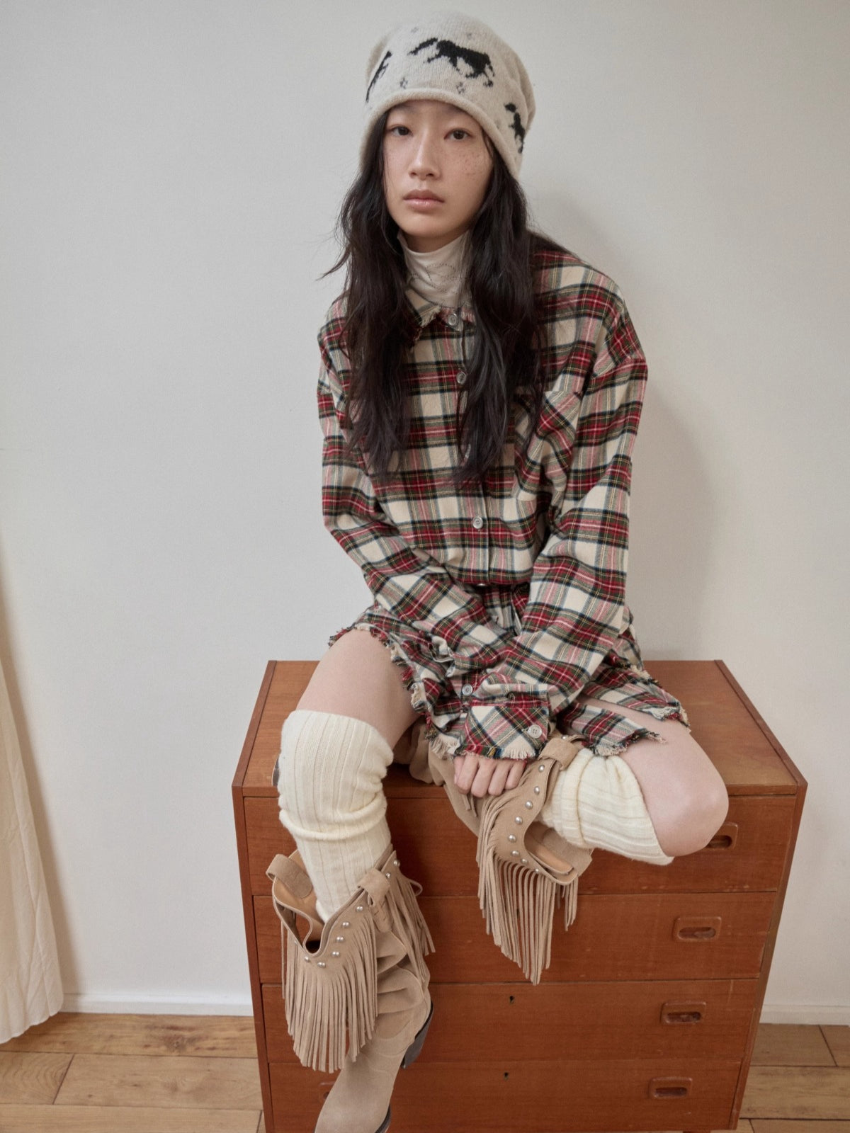 Vintage Red Plaid Frayed-Edge Utility Shirt Dress