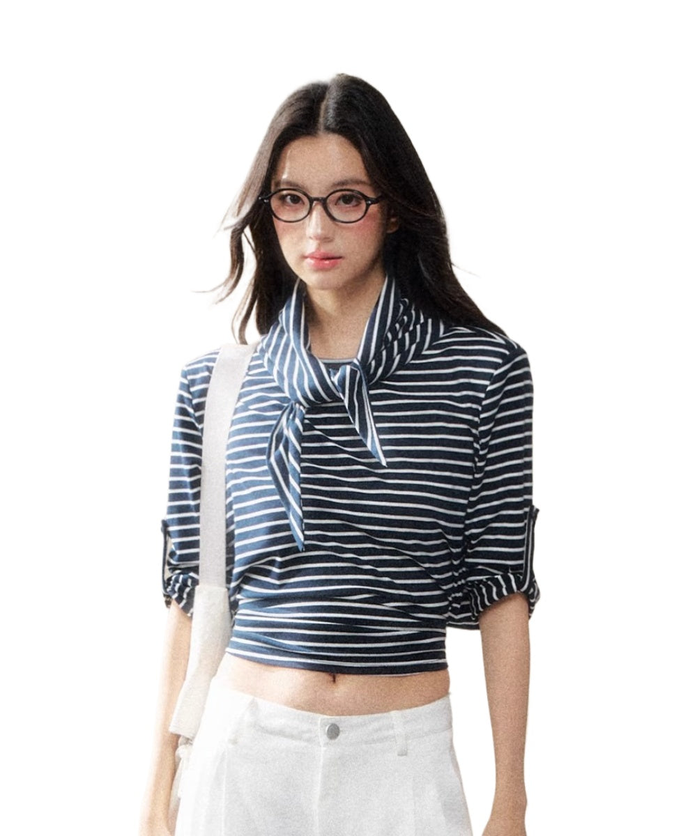 Dual-Tone Striped Knit Cropped T-Shirt