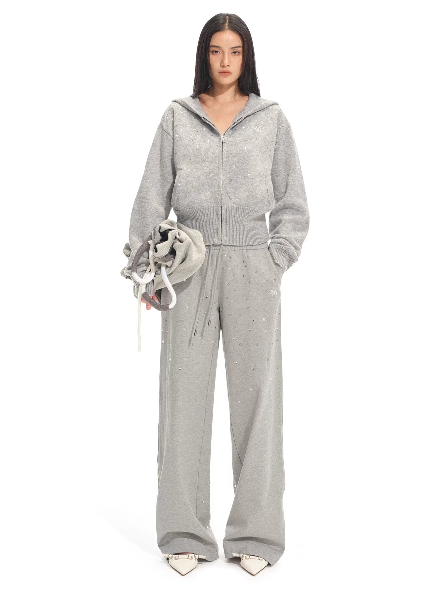 Stardust Gradient Rhinestone Hooded Knit Cardigan